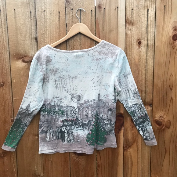 Y2k European Antique Newsprint Postcard Holiday Print Collage Tee Size Large - Picture 2 of 5